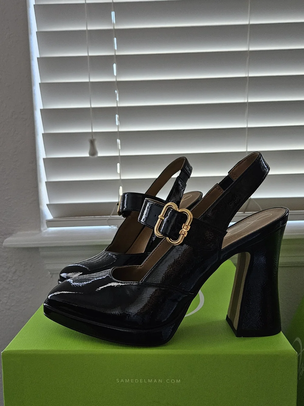 Sam Edelman Black Patent Mary Jane Slingback Heels with Gold Buckle Accent - Picture 1 of 6